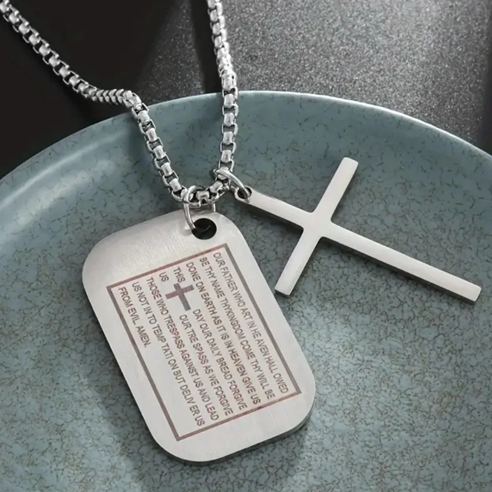 Dog Tags Style Stainless Steel Engraved Scripture Cross Pendant Necklace NWT